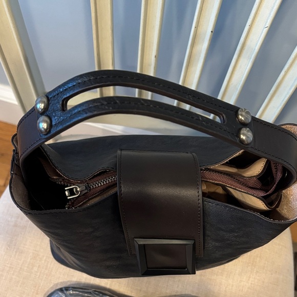 Black Leather Shoulder Bag with Decorative Buckle crossbody shoulder strap NWOT - Picture 3 of 8